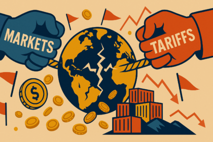Illustration of a global economic struggle represented by two fists labeled "Markets" and "Tariffs" pulling a rope through a cracked Earth, surrounded by coins, flags, shipping containers, and downward financial graphs.