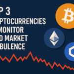 A digital banner showing the title "Top 3 Cryptocurrencies to Watch in a Volatile Market" with icons of Bitcoin, Ethereum, and Chainlink beside a fluctuating red line graph, symbolizing market turbulence.