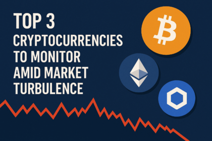 A digital banner showing the title "Top 3 Cryptocurrencies to Watch in a Volatile Market" with icons of Bitcoin, Ethereum, and Chainlink beside a fluctuating red line graph, symbolizing market turbulence.