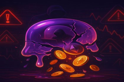 Digital illustration of a hacked DeFi protocol with warning icons and cryptocurrency spilling from a broken vault.