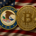 U.S. Department of Justice seal and a Bitcoin coin side by side on an American flag, representing the DOJ’s disbanding of its crypto enforcement unit.