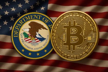 U.S. Department of Justice seal and a Bitcoin coin side by side on an American flag, representing the DOJ’s disbanding of its crypto enforcement unit.