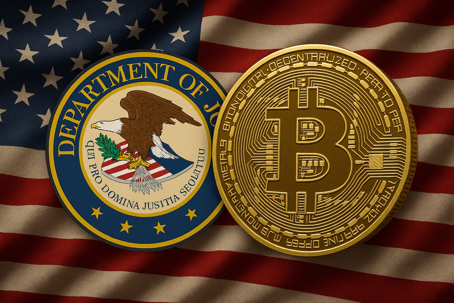 U.S. Department of Justice seal and a Bitcoin coin side by side on an American flag, representing the DOJ’s disbanding of its crypto enforcement unit.