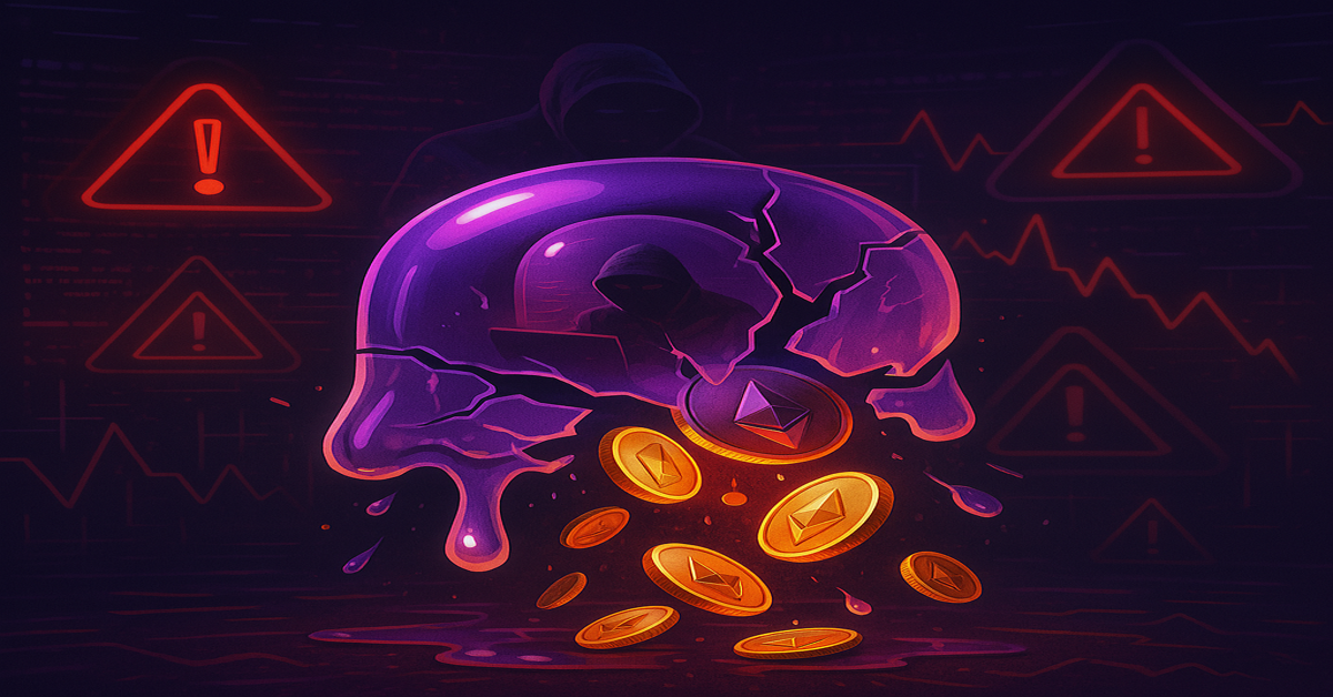 Digital illustration of a hacked DeFi protocol with warning icons and cryptocurrency spilling from a broken vault.