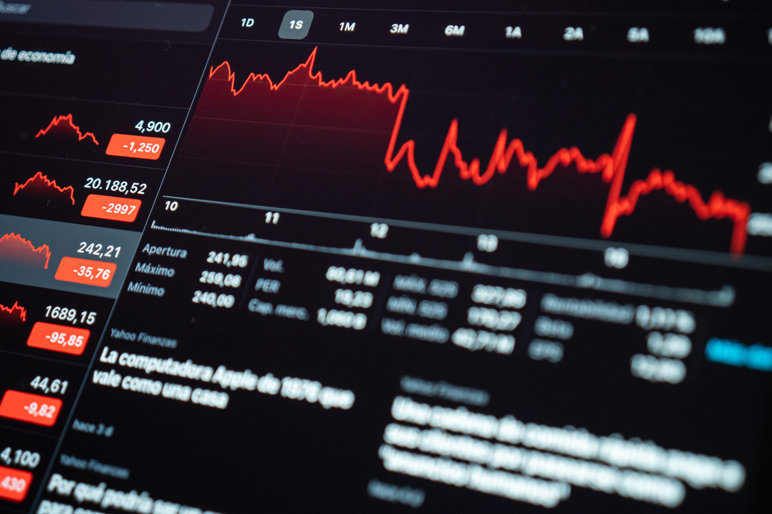 Red downward financial chart on a digital screen, symbolizing market volatility due to tariffs and halted Bitcoin investment.