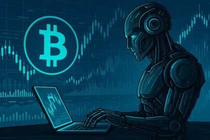 Silhouette of a crypto trader analyzing a Bitcoin surge on screen, symbolizing market reactions to geopolitical policy shifts like Trump’s tariff pause.