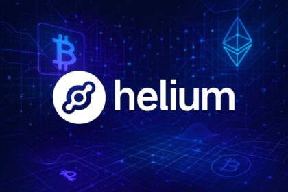 Helium Network logo with blockchain graphics, highlighting SEC regulatory news