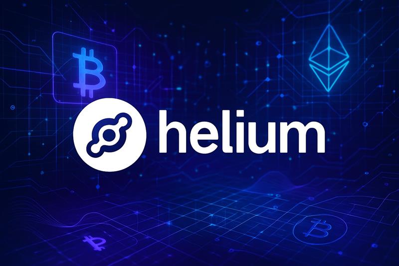 Helium Network logo with blockchain graphics, highlighting SEC regulatory news