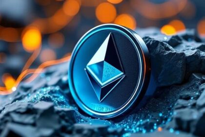 Ethereum coin symbol glowing on a futuristic circuit board background