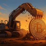 Excavator digging a massive Bitcoin in the desert, symbolizing Arizona’s push for pro-crypto mining legislation.