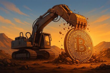 Excavator digging a massive Bitcoin in the desert, symbolizing Arizona’s push for pro-crypto mining legislation.