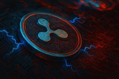 Ripple XRP logo glowing with red and blue lightning effects, signaling technical price analysis
