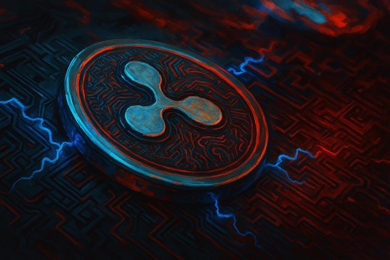 Ripple XRP logo glowing with red and blue lightning effects, signaling technical price analysis