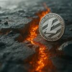 Silver Litecoin coin floating in dark water, symbolizing resilience and the challenge of breaking through market resistance.
