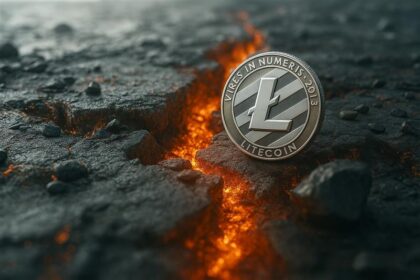 Silver Litecoin coin floating in dark water, symbolizing resilience and the challenge of breaking through market resistance.
