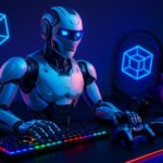 Futuristic gamer with neon visuals and blockchain icons, symbolizing the evolving landscape of Web3 and blockchain gaming investment.