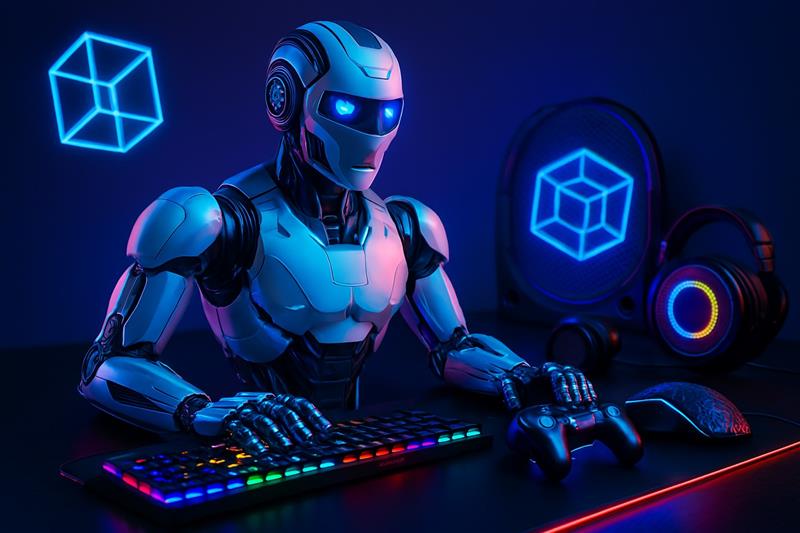 Futuristic gamer with neon visuals and blockchain icons, symbolizing the evolving landscape of Web3 and blockchain gaming investment.