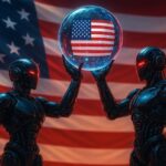 Two armored figures exchanging digital data under a waving U.S. flag, symbolizing the intersection of crypto regulation and national consumer protection efforts.