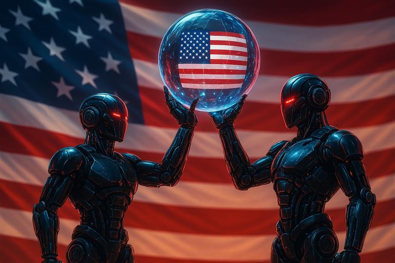 Two armored figures exchanging digital data under a waving U.S. flag, symbolizing the intersection of crypto regulation and national consumer protection efforts.