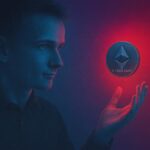 Man holding a glowing Ethereum hologram in a dark futuristic space, symbolizing control over decentralized smart contract evolution.