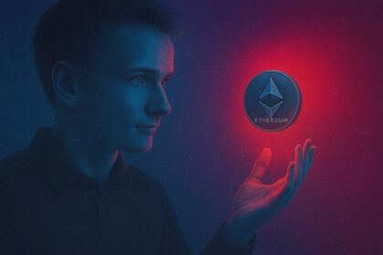 Man holding a glowing Ethereum hologram in a dark futuristic space, symbolizing control over decentralized smart contract evolution.