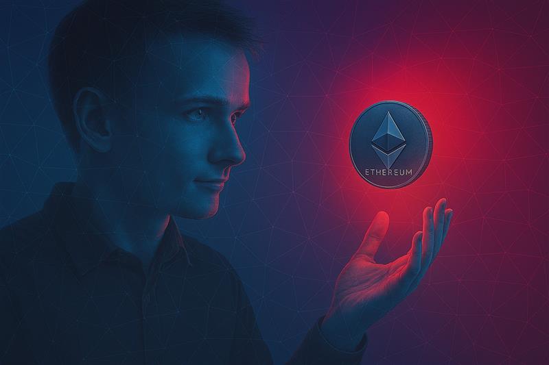 Man holding a glowing Ethereum hologram in a dark futuristic space, symbolizing control over decentralized smart contract evolution.