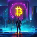 Futuristic cityscape with glowing Bitcoin symbol and lone figure on stage — symbolizing the return of Ross Ulbricht to the crypto world