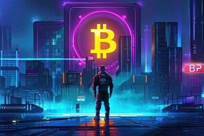 Futuristic cityscape with glowing Bitcoin symbol and lone figure on stage — symbolizing the return of Ross Ulbricht to the crypto world
