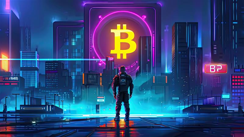 Futuristic cityscape with glowing Bitcoin symbol and lone figure on stage — symbolizing the return of Ross Ulbricht to the crypto world