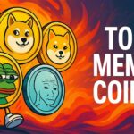 Illustration of top meme coins featuring Dogecoin, Pepe, and other crypto mascots with bold text reading "Top Meme Coins