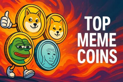 Illustration of top meme coins featuring Dogecoin, Pepe, and other crypto mascots with bold text reading "Top Meme Coins