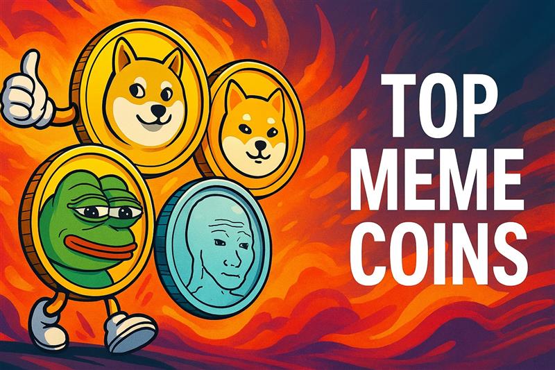 Illustration of top meme coins featuring Dogecoin, Pepe, and other crypto mascots with bold text reading "Top Meme Coins