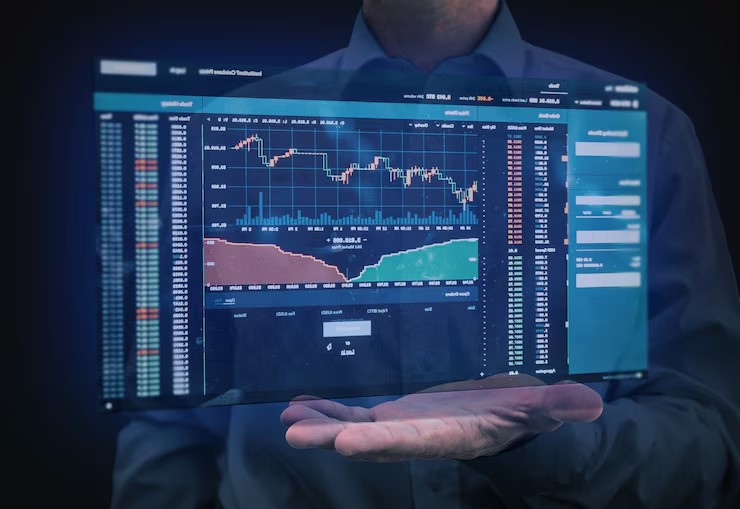Stock market index board showing mixed performance with a Federal Reserve press briefing in the background and a calendar marked for June rate cut speculation.