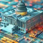 U.S. Senate chamber with a rejected GENIUS Act document and stablecoin icons, highlighting the ongoing debate over crypto regulation in the legislative arena.