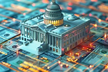 U.S. Senate chamber with a rejected GENIUS Act document and stablecoin icons, highlighting the ongoing debate over crypto regulation in the legislative arena.