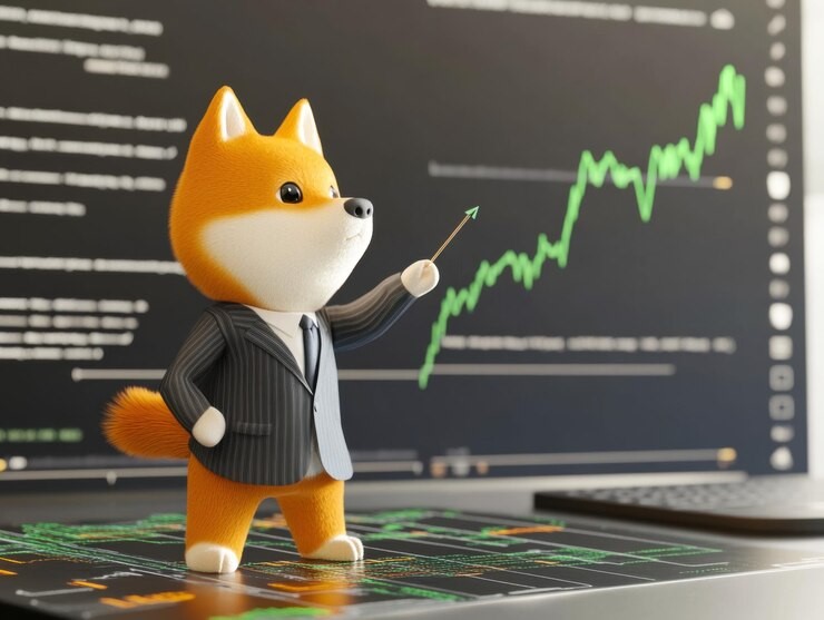 Shiba Inu coin chart showing a decline in trading volume and burn rate with bullish technical indicators forming, hinting at a potential rebound setup.