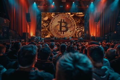 Eric Trump speaking with digital currency symbols and a fading traditional bank in the background, highlighting his warning that crypto will overtake legacy finance.