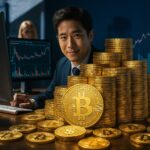 Gold bars, crypto coins, and Chinese market assets rising as U.S. dollar bills fade in the background, illustrating the asset shift by Asia’s wealthy as reported by UBS.