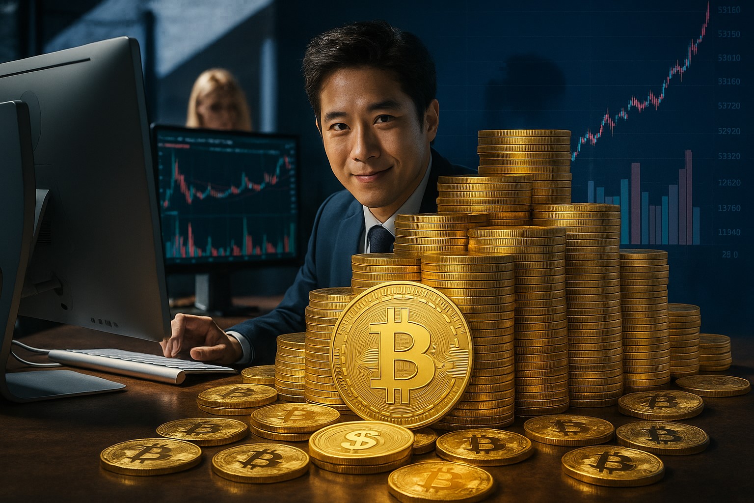 Gold bars, crypto coins, and Chinese market assets rising as U.S. dollar bills fade in the background, illustrating the asset shift by Asia’s wealthy as reported by UBS.