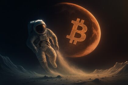 Bitcoin price chart soaring past $111K with milestone badge and caution signs, symbolizing historic highs paired with analyst warnings of potential market turbulence.