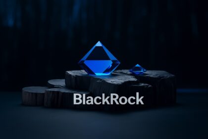 BlackRock logo rising toward a Bitcoin throne next to Satoshi’s symbolic silhouette, with BTC wallet charts showing institutional accumulation and control narrative.