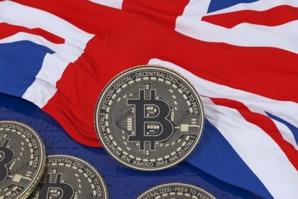 Bitcoin price chart surging past $100K with Trump and UK trade deal graphics in the background, highlighting market volatility amid geopolitical developments.