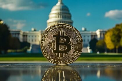 Rep. Maxine Waters speaking at a podium with the “Stop Crypto Corruption” bill graphic and $TRUMP token visuals in the background, symbolizing a preemptive move against perceived crypto-political conflicts.