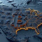 New Hampshire state capitol with Bitcoin symbols and U.S. map highlighting states, representing growing momentum for state-level BTC adoption.