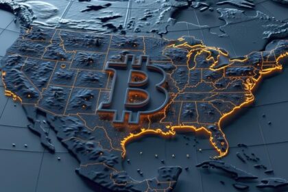 New Hampshire state capitol with Bitcoin symbols and U.S. map highlighting states, representing growing momentum for state-level BTC adoption.