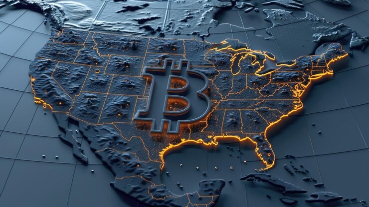 New Hampshire state capitol with Bitcoin symbols and U.S. map highlighting states, representing growing momentum for state-level BTC adoption.