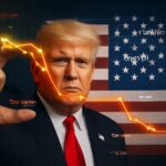 Donald Trump speaking with a downward-trending stock chart and GDP report headlines, as President Biden appears in the background amid trade policy uncertainty.