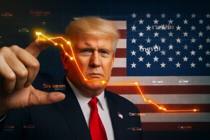 Donald Trump speaking with a downward-trending stock chart and GDP report headlines, as President Biden appears in the background amid trade policy uncertainty.