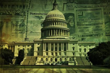 Senator Elizabeth Warren speaking at a podium with GENIUS Act documents and crypto symbols marked “corrupt,” alongside imagery of Trump-linked financial influence.