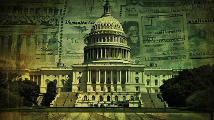 Senator Elizabeth Warren speaking at a podium with GENIUS Act documents and crypto symbols marked “corrupt,” alongside imagery of Trump-linked financial influence.